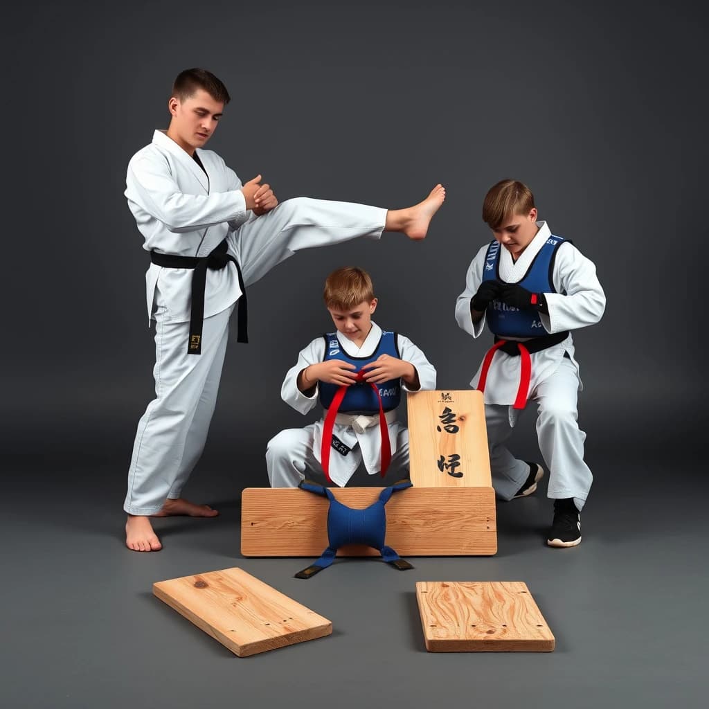 Studio photography, stunt and costume reference on a seamless charcoal backdrop, one hard key from camera left. Three taekwondo athletes in a tight diagonal: the tallest, in a white uniform with a black belt, holds a side kick frozen at chest height; the shortest, in navy with a red belt, ducks under it with both palms flat on the floor; the third kneels behind them fastening a blue chest guard onto a folded uniform. Two snapped pine boards lie at the front edge of the frame, a third board still whole in a holder's gloved hands.