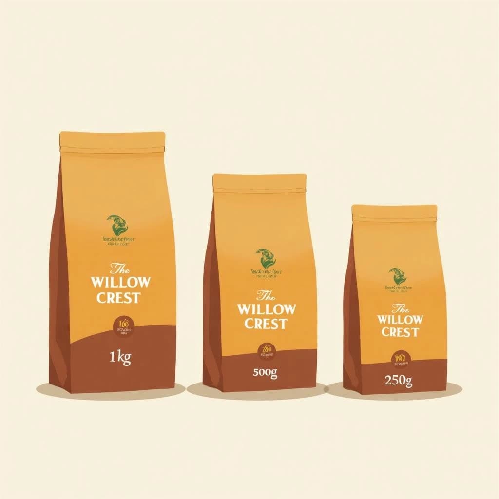 Flat vector illustration of the same coffee bag drawn in three sizes, captioned "1kg", "500g" and "250g", every size carrying the wordmark "The Willow Crest" in the same orange-and-brown coloring, only the bag size changing.