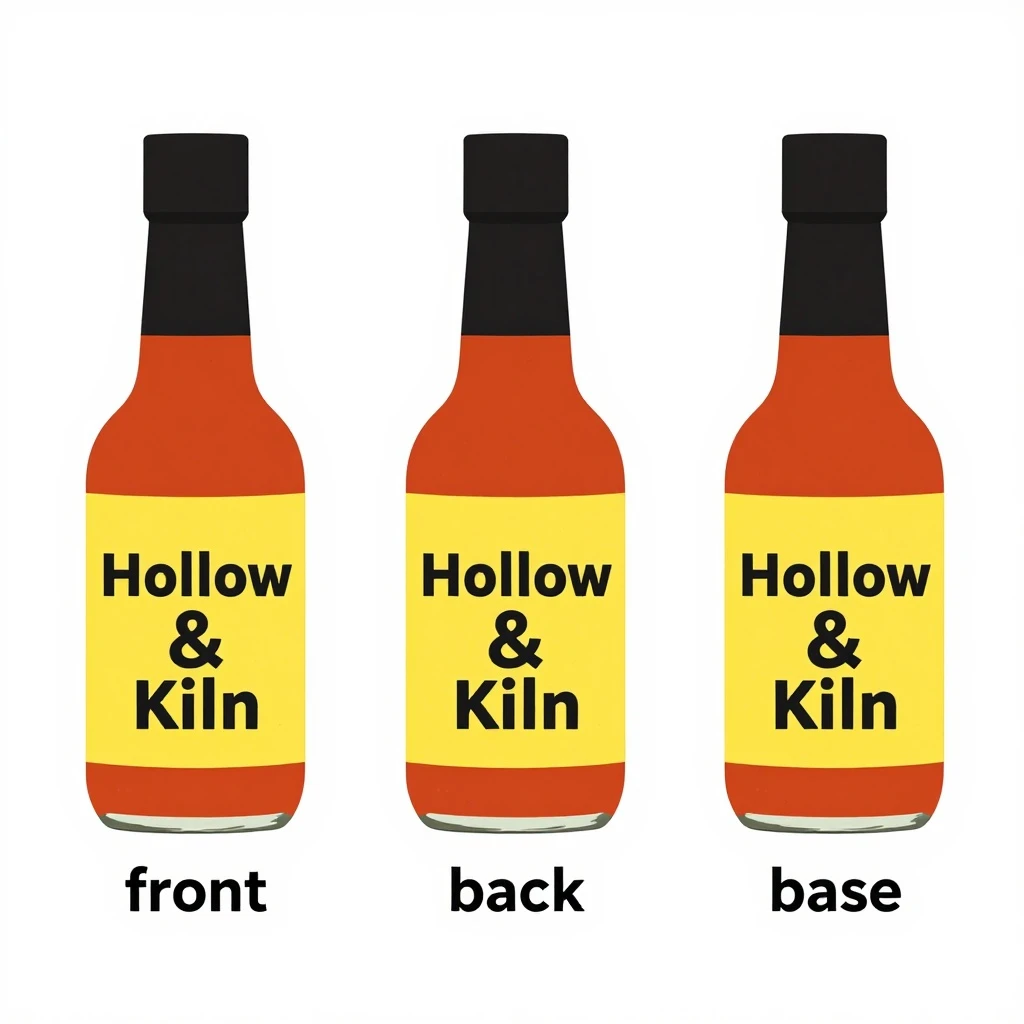 Flat vector illustration of the same hot-sauce bottle drawn in three views, captioned "front", "back" and "base", every view carrying the wordmark "Hollow & Kiln" in the same black-and-yellow coloring, only the angle changing.