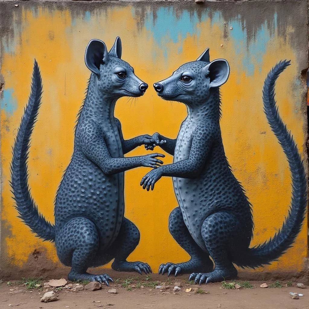 Civet and Aardvark in Yamoussoukro, Côte d'Ivoire in the style of graffiti