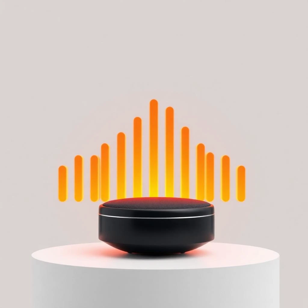 Cinematic 3D render of a matte black speaker puck on a white plinth, with a sound waveform behind it built from fourteen glowing amber bars in a gentle curve, the three tallest centred directly behind the puck and the bars shortening evenly toward both ends.