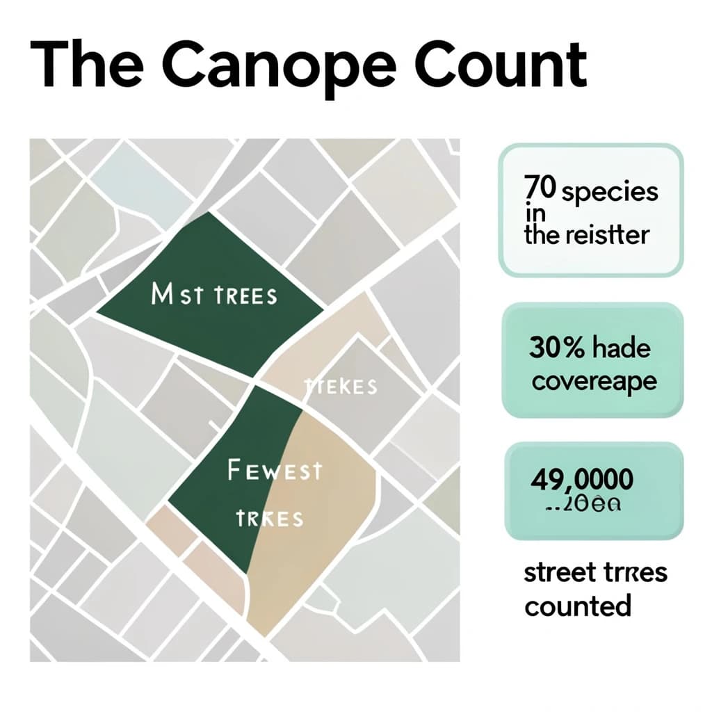 Flat infographic titled "The Canopy Count": at the center a simplified street map with shaded districts, carrying two keyed regions, "Most trees" shaded dark green and "Fewest trees" shaded tan, beside a right column of three stat chips reading "70 species in the register", "30% shade coverage" and "49,000 street trees counted".