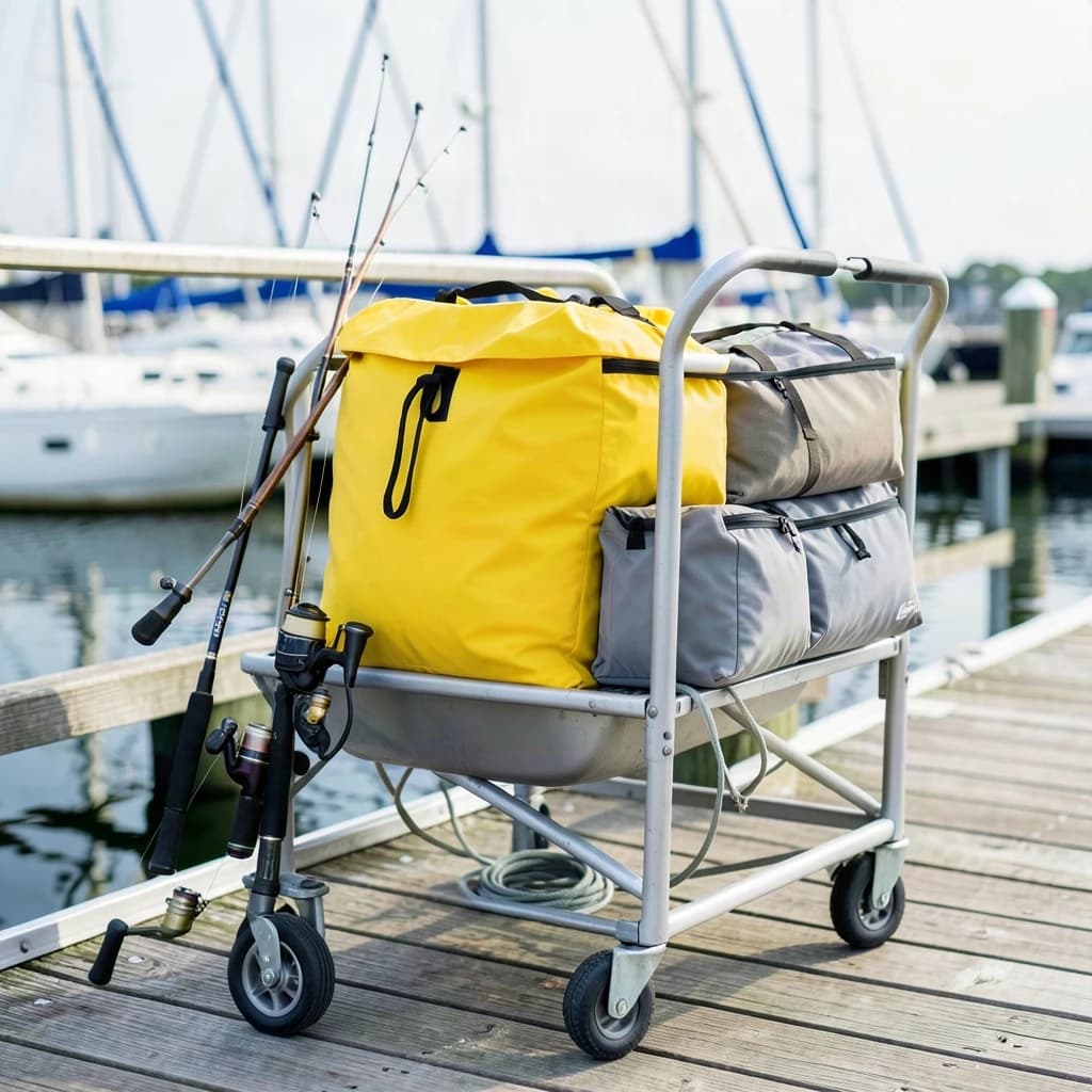 Lifestyle listing photo on a marina dock: a folding dock cart holding three dry bags, the largest yellow and the two smaller ones grey, two fishing rods leaning against the handle, and one coiled dock line hanging from the front rail. Masts blurred behind.