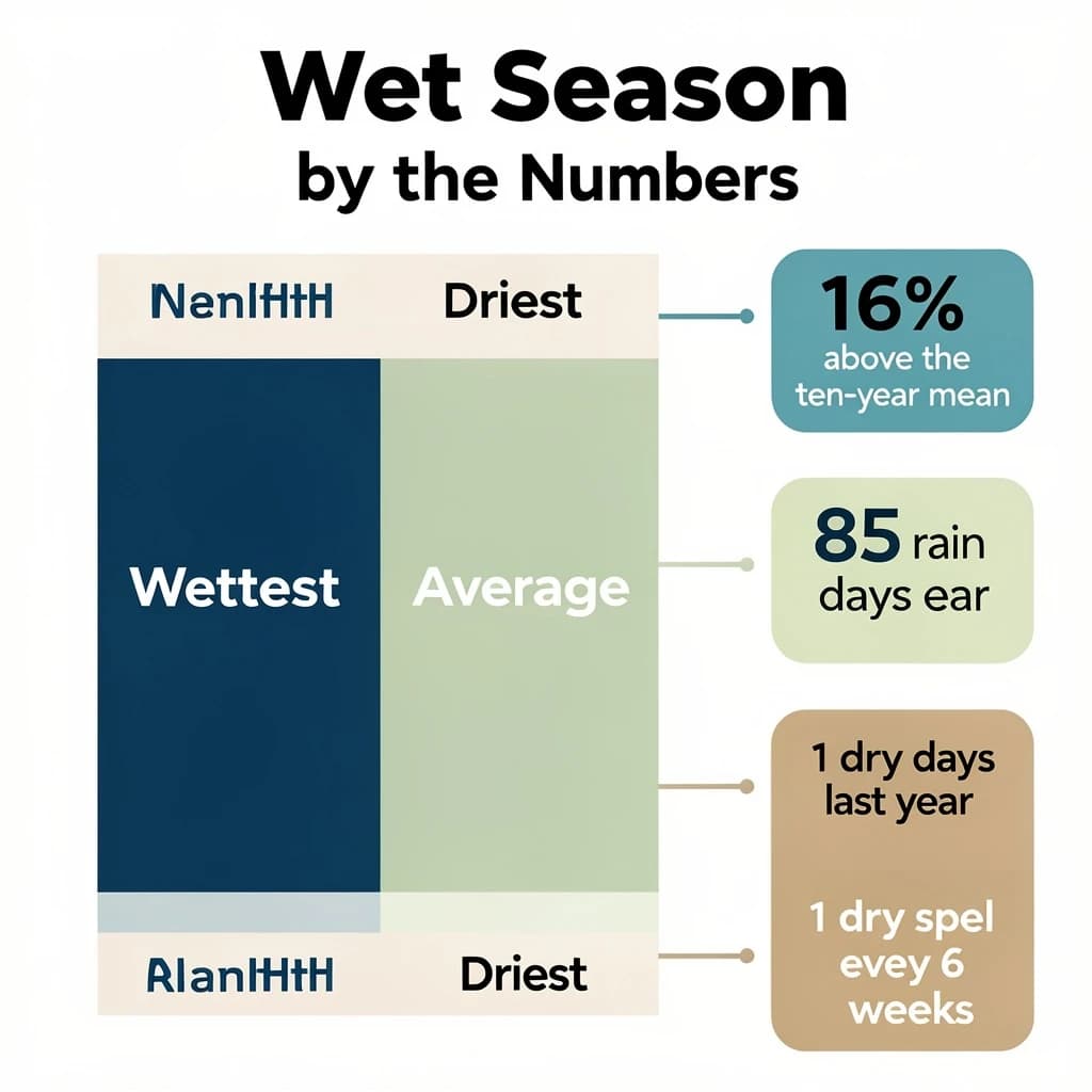 Flat vector illustration titled "Wet Season by the Numbers". A twelve-month rainfall timeline sits at the center, carrying three keyed regions, "Wettest" shaded dark blue, "Average" shaded pale green and "Driest" shaded sand. Three stat chips run down a right column, reading "16% above the ten-year mean", "85 rain days last year" and "1 dry spell every 6 weeks". Each key color matches the shading of the region it names.