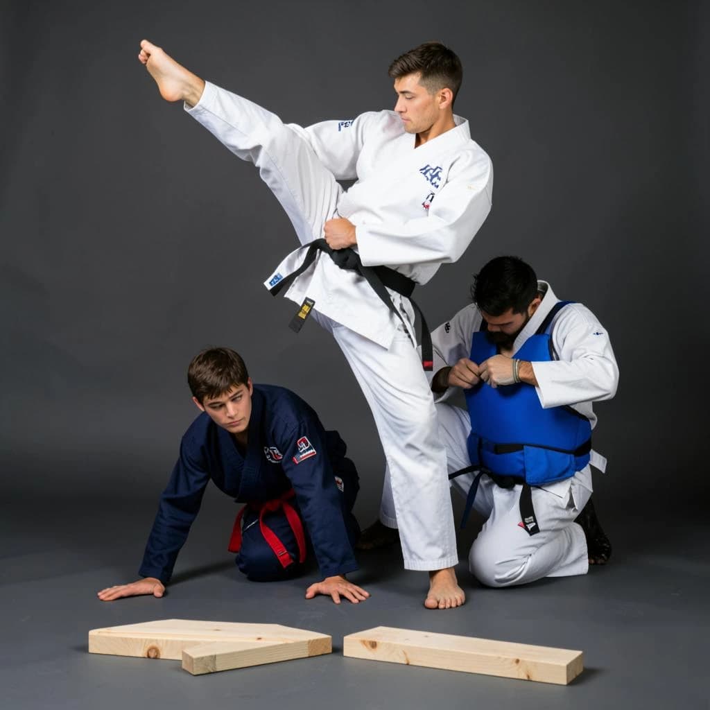 Studio photography, stunt and costume reference on a seamless charcoal backdrop, one hard key from camera left. Three taekwondo athletes in a tight diagonal: the tallest, in a white uniform with a black belt, holds a side kick frozen at chest height; the shortest, in navy with a red belt, ducks under it with both palms flat on the floor; the third kneels behind them fastening a blue chest guard onto a folded uniform. Two snapped pine boards lie at the front edge of the frame, a third board still whole in a holder's gloved hands.
