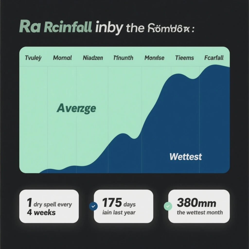 Flat infographic titled "Rainfall by the Numbers": at the center a twelve-month rainfall timeline, carrying two keyed regions, "Average" shaded pale green and "Wettest" shaded dark blue, beside a bottom row of three stat chips reading "1 dry spell every 4 weeks", "175 rain days last year" and "380mm in the wettest month".