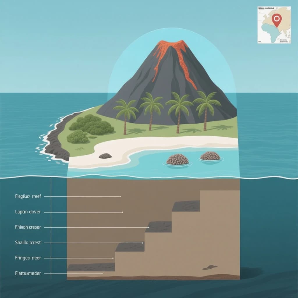 Cross section of a volcanic tropical island as a flat academic figure with clean colour blocks and a horizontal sea level line. Reading from the ocean on the left toward the right: a fringing reef crest, a shallow lagoon holding three coral heads, a white sand beach, a coconut palm belt of five trees, then a rising basalt cone with two lava layers picked out in darker grey, and a freshwater lens drawn as a pale blue dome under the middle of the island. Below sea level the flanks drop in three stepped terraces to a flat deep floor. Eight leader line labels, a depth scale down the left edge, and a small locator inset in the top right.
