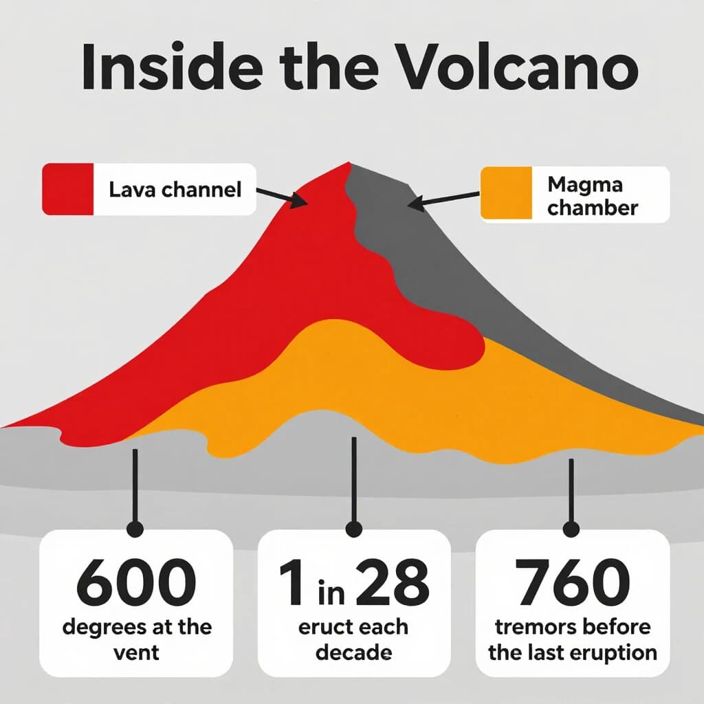 Flat infographic titled "Inside the Volcano". A simplified hazard map of the slopes sits at the center, carrying two keyed regions, "Lava channel" shaded red and "Magma chamber" shaded orange. Three stat chips run down a bottom row, reading "600 degrees at the vent", "1 in 28 erupt each decade" and "760 tremors before the last eruption". Each key color matches the shading of the region it names.
