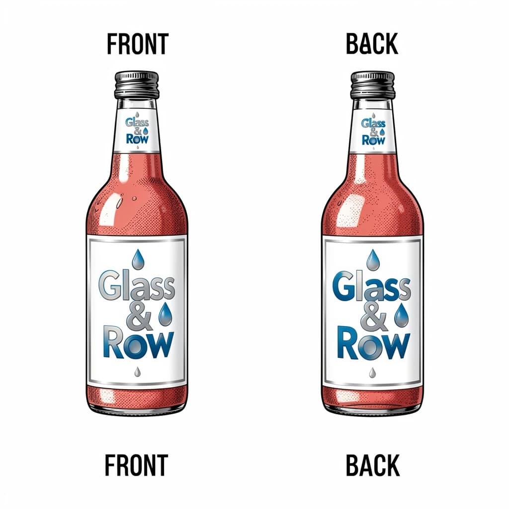 Printed poster of the same hot-sauce bottle drawn in two views, captioned "front" and "back", every view carrying the wordmark "Glass & Row" with a single droplet symbol beside it in the same blue-and-silver coloring, only the angle changing.