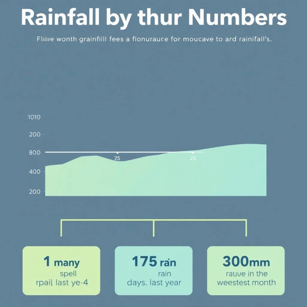 Flat infographic titled "Rainfall by the Numbers": at the center a twelve-month rainfall timeline, carrying two keyed regions, "Average" shaded pale green and "Wettest" shaded dark blue, beside a bottom row of three stat chips reading "1 dry spell every 4 weeks", "175 rain days last year" and "380mm in the wettest month".