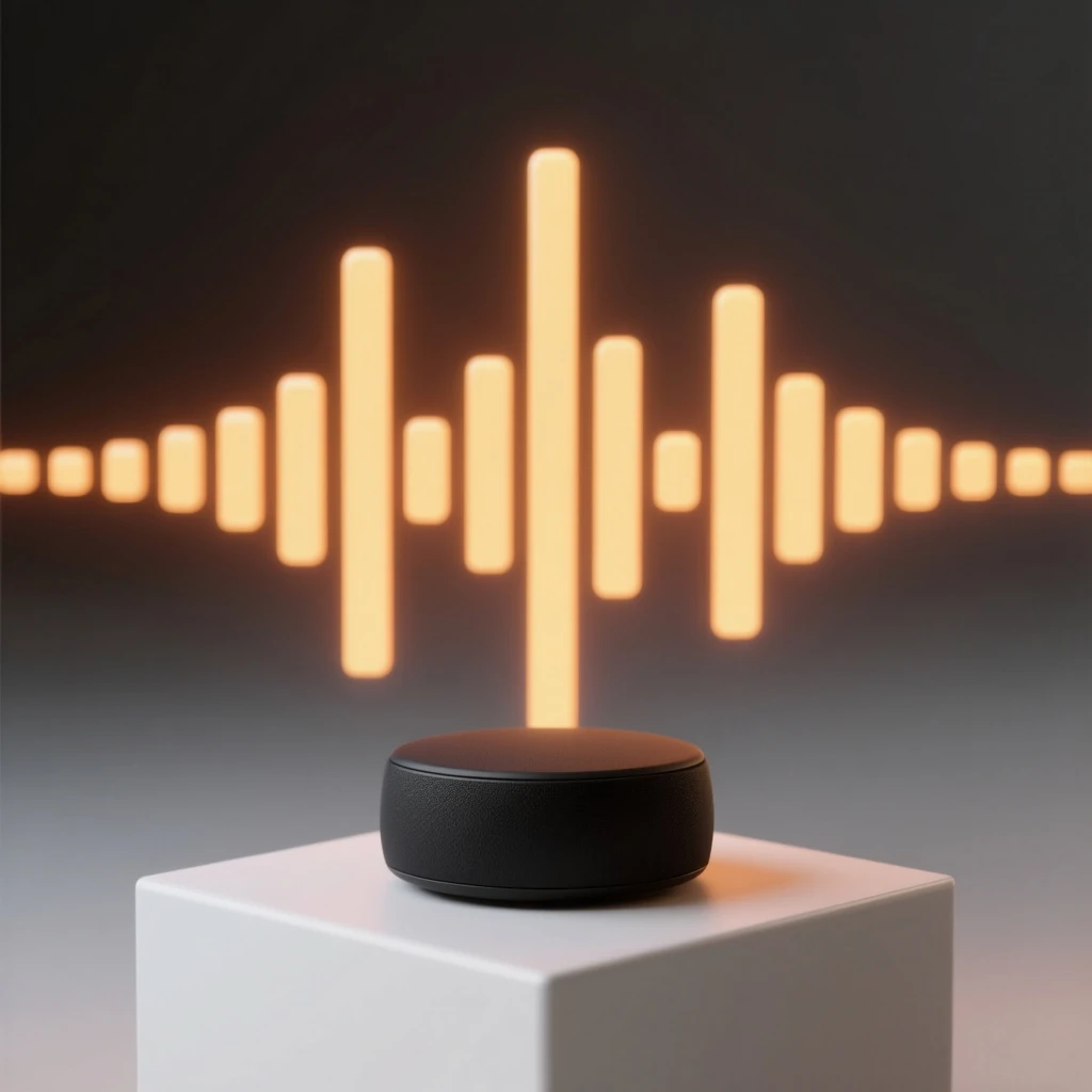Cinematic 3D render of a matte black speaker puck on a white plinth, with a sound waveform behind it built from fourteen glowing amber bars in a gentle curve, the three tallest centred directly behind the puck and the bars shortening evenly toward both ends.