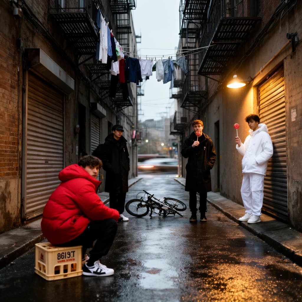 Cinematic photograph for a streetwear campaign, shot straight down a narrow rain-slick alleyway at dusk. Four models spread through the depth of the frame: the nearest crouches on a milk crate in a red puffer, two stand mid-alley in matching black coats, one leaning on a roll-up shutter and one holding a lollipop, and the farthest stands under the single working lamp in white. Three of the six fire escapes above carry laundry lines; the rest are bare. A delivery bike lies on its side between the two middle models. Blurred street traffic only at the far end.