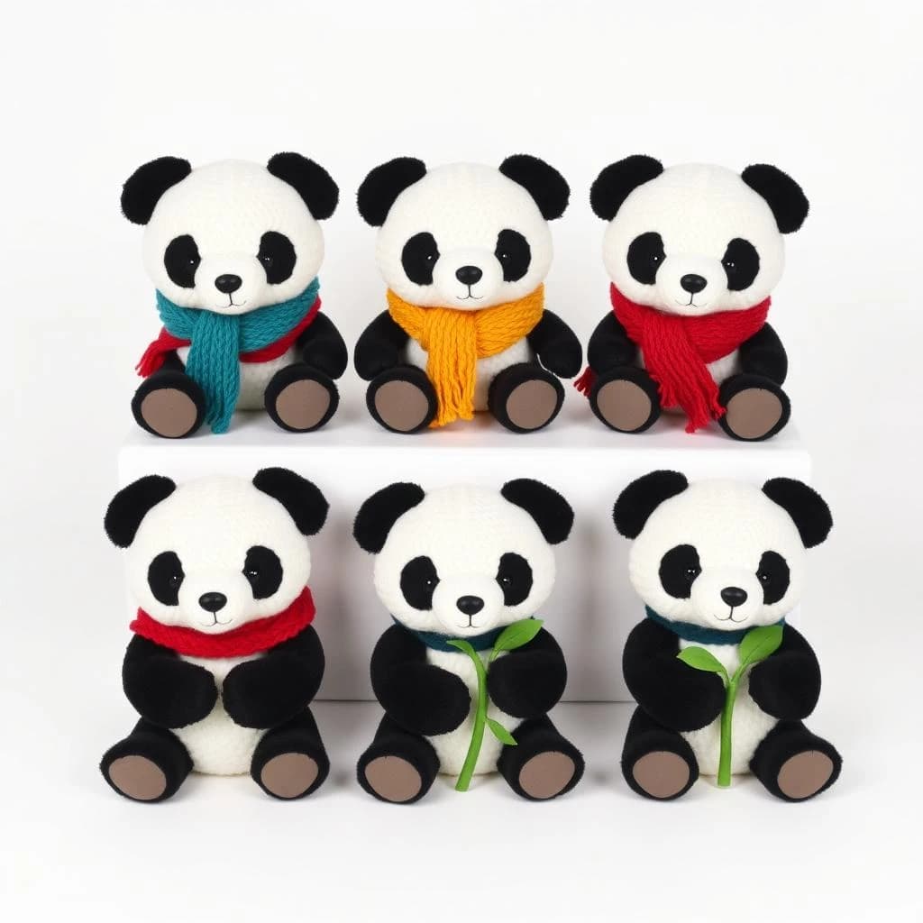 Studio product photography, plain white variant grid: six panda plushes in two rows of three, all seated facing camera. The top row wears knit scarves in red, mustard and teal. The bottom three wear no scarves, each holding a small felt bamboo shoot.