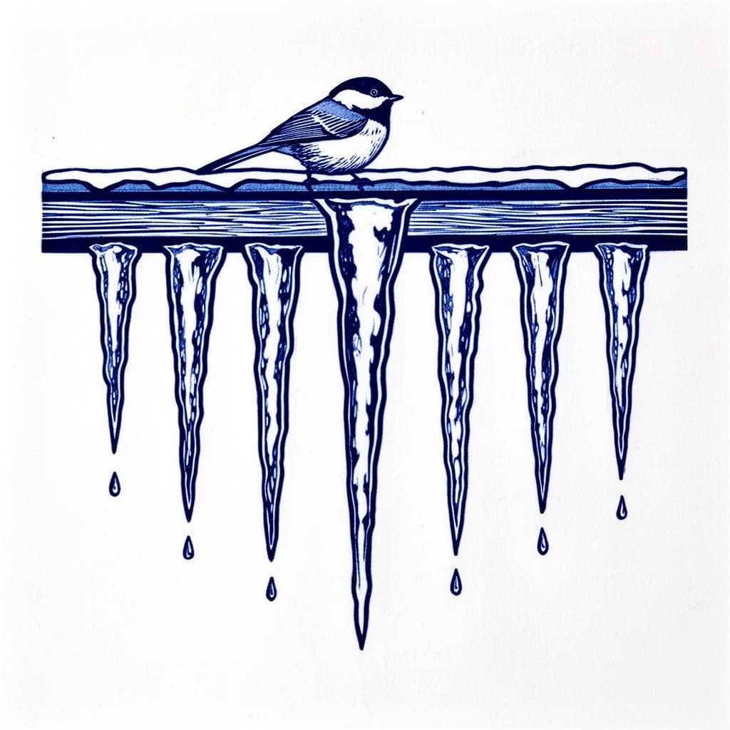 Linocut print in a single blue ink: nine icicles hanging from a cabin gutter, the longest in the middle tapering down to the shortest at each end, three of them dripping, and a chickadee perched on the gutter directly above the second icicle from the left.
