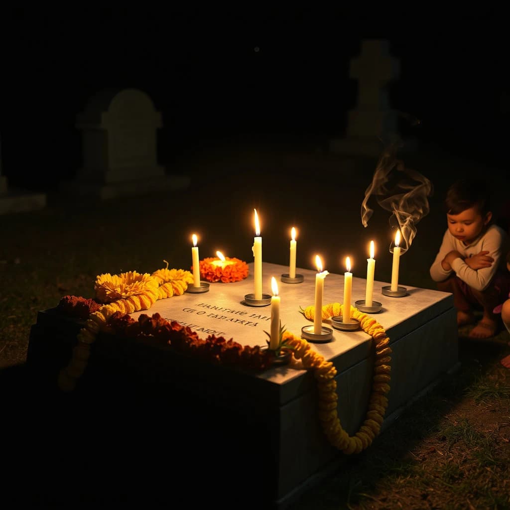 Photojournalism frame from a cemetery vigil at night: one grave slab carrying seven marigold garlands and nine lit candles, three of the candles guttered out and smoking, a grandmother and two children kneeling along the near edge.