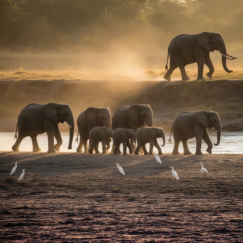 Wildlife photograph for a conservation campaign: a herd crossing a dusty riverbed in low sun. Seven elephants walking left to right, three adults flanking on the outside and two calves tucked between them, one adult trailing at the rear with a broken tusk, and the lead matriarch already up the far bank. Four egrets on the ground, only two of them near the calves. Long shadows, dust haze, nothing written in frame.