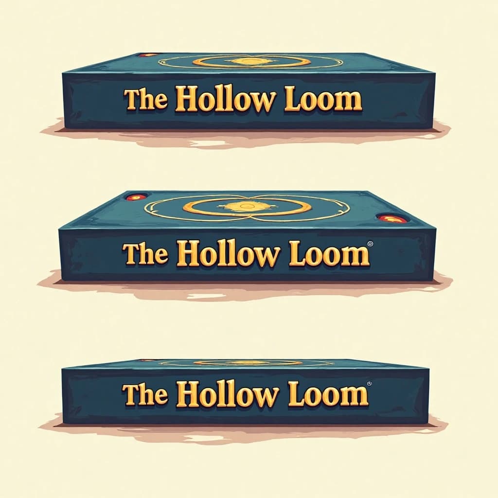 Flat vector illustration of the same board-game box drawn in three views, captioned "front", "side" and "top", every view carrying the wordmark "The Hollow Loom" in the same navy-and-gold coloring, only the angle changing.