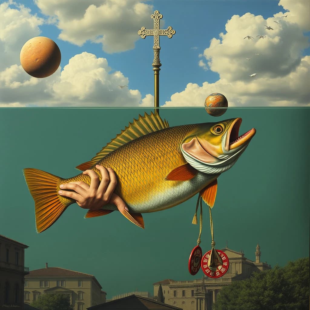 Scapular and Game Fish in Rome, Italy in the style of surrealist