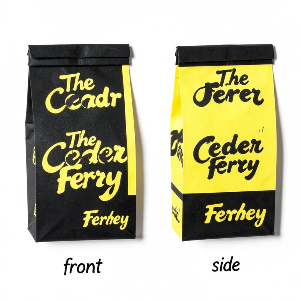 Cut-paper collage: one coffee bag in two views. The views are captioned "front" and "side" in that order. The wordmark "The Cedar Ferry" appears on every view. The black-and-yellow coloring is the same across every view, and only the angle changes.