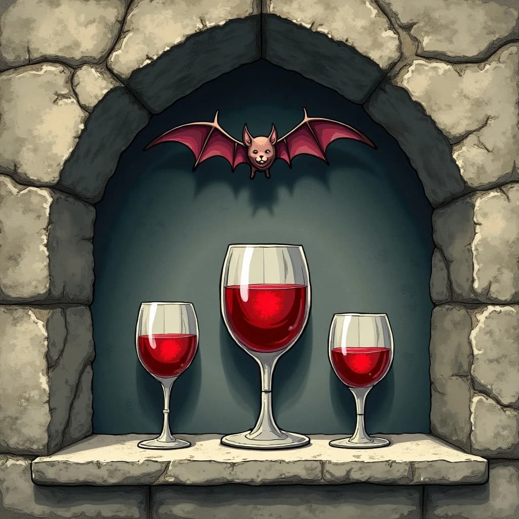 Gothic key-item illustration for a vampire card game: a stone niche with a pointed arch, three goblets on the ledge, the tall center one brimming with red wine, the two squat ones either side bone dry, and a bat hanging from the arch directly above the full goblet.