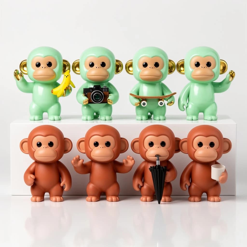 Vinyl designer toy photography: six monkey figures on a glossy white riser, arranged in two rows of three. The back row is glossy mint green, the front row matte terracotta. Each monkey holds a different thing: a banana, a tiny camera, a skateboard, a coffee cup, an umbrella, and the last one holds nothing at all with both hands raised. Only the mint monkeys have gold-painted ears. Crisp studio lighting, tight reflections on the vinyl.