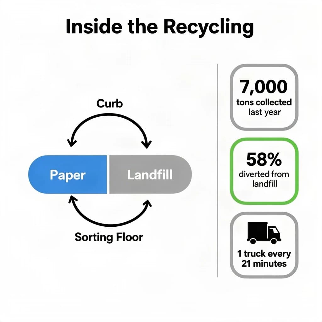 Flat infographic titled "Inside the Recycling": at the center a flow chart from curb to sorting floor, carrying two keyed regions, "Paper" shaded blue and "Landfill" shaded gray, beside a right column of three stat chips reading "7,000 tons collected last year", "58% diverted from landfill" and "1 truck every 21 minutes".