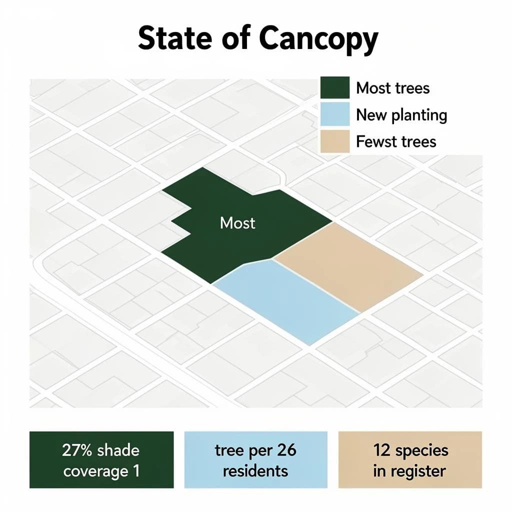 Flat infographic titled "State of Canopy". A simplified street map with shaded districts sits at the center, carrying three keyed regions, "Most trees" shaded dark green, "New planting" shaded light blue and "Fewest trees" shaded tan. Three stat chips run down a bottom row, reading "27% shade coverage", "1 tree per 26 residents" and "120 species in the register". Each key color matches the shading of the region it names.