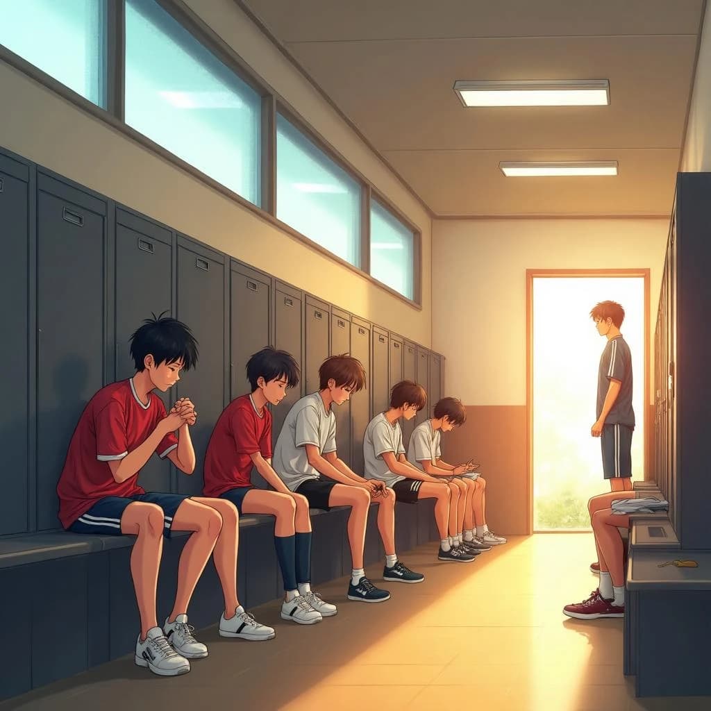 Modern anime interior for a high school volleyball series, wide view down a team locker room after practice. Eight lockers along the back wall in two banks of four, the three on the far left hanging open with jerseys spilling out and the rest shut. Four players occupy the foreground bench: the setter re-taping two fingers, the libero pulling on a knee sleeve, the captain reading a clipboard, and a first year asleep sitting upright with a towel over his face. A coach stands in the right doorway holding a whistle, half in shadow. Warm late-sun bars fall through high frosted windows, cel shading, clean bold linework.
