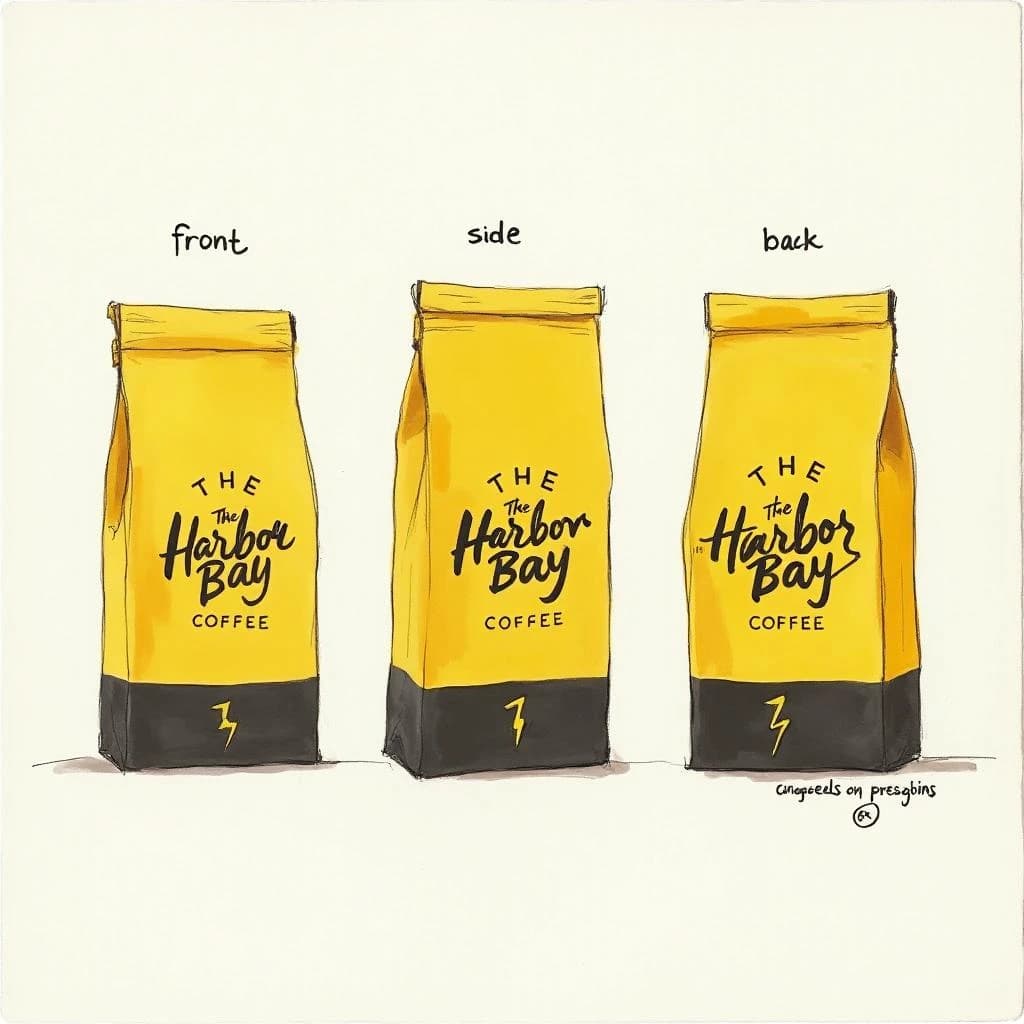 Gouache painting of the same coffee bag drawn in three views, captioned "front", "side" and "back", every view carrying the wordmark "The Harbor Bay" with a lightning-bolt symbol beside it in the same black-and-yellow coloring, only the angle changing.
