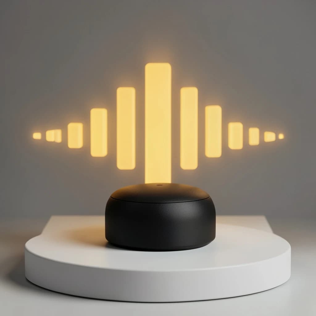 Cinematic 3D render of a matte black speaker puck on a white plinth, with a sound waveform behind it built from fourteen glowing amber bars in a gentle curve, the three tallest centred directly behind the puck and the bars shortening evenly toward both ends.