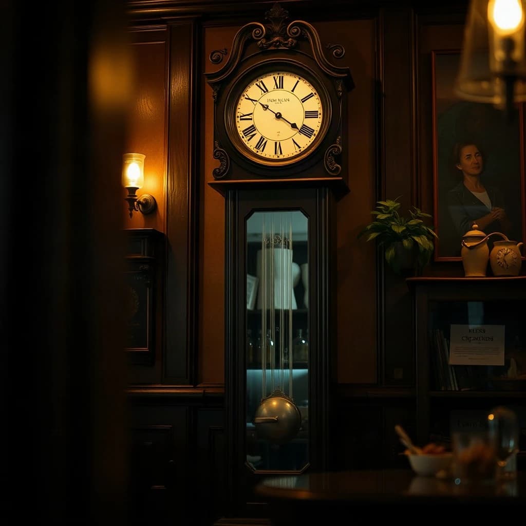135mm f/1.8 close-up framing of a grandfather clock inside a cozy cafe, lit by bounced light, gentle vignetting, large-format look