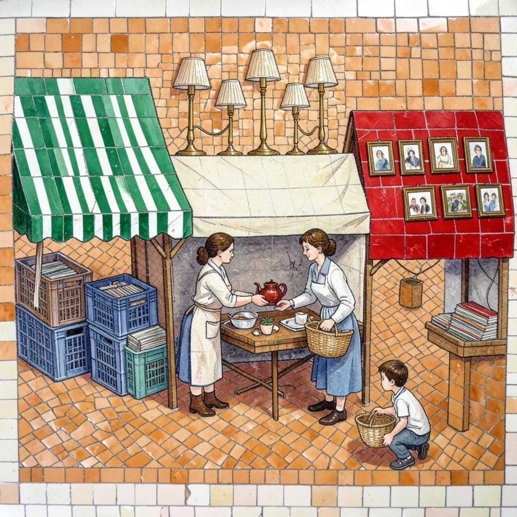 Glass tile mosaic of a Sunday flea market seen from a slightly raised angle, small square tesserae and warm terracotta grout. Three stall awnings in a row: the left one striped green and white over stacked vinyl crates, the middle plain canvas over six brass lamps with only the two tallest wearing shades, the right red awning hung with nine framed pictures in three rows of three. Under the middle awning a vendor in an apron hands a teapot across the table to a woman holding a straw basket, while a boy crouches at her feet by a crate of records. No lettering anywhere.