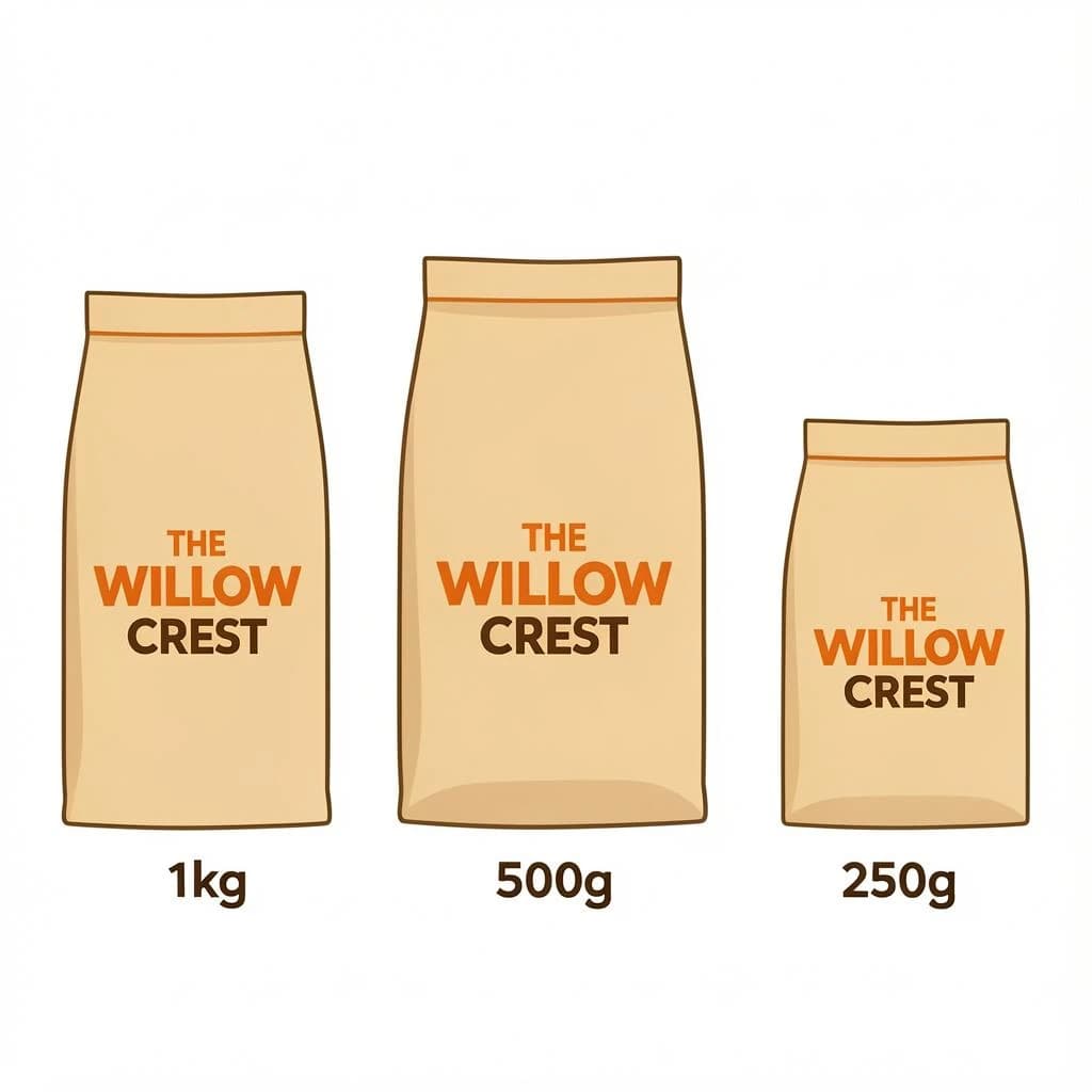 Flat vector illustration of the same coffee bag drawn in three sizes, captioned "1kg", "500g" and "250g", every size carrying the wordmark "The Willow Crest" in the same orange-and-brown coloring, only the bag size changing.