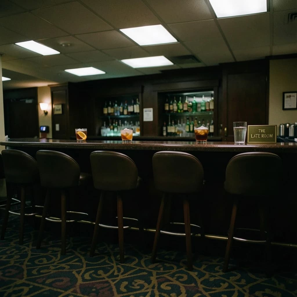 Liminal space photograph of a hotel bar at four in the morning, humming fluorescent ceiling panels, patterned carpet running off frame, nobody in sight. Eleven identical barstools stand in one unbroken row along the counter, only the fifth pulled out and turned. Three finished old fashioneds sit spaced along the bar, each down to melted ice and a single orange peel, and a fourth glass, freshly poured and still clear, waits at the far end beside a small brass sign reading "THE LATE ROOM".
