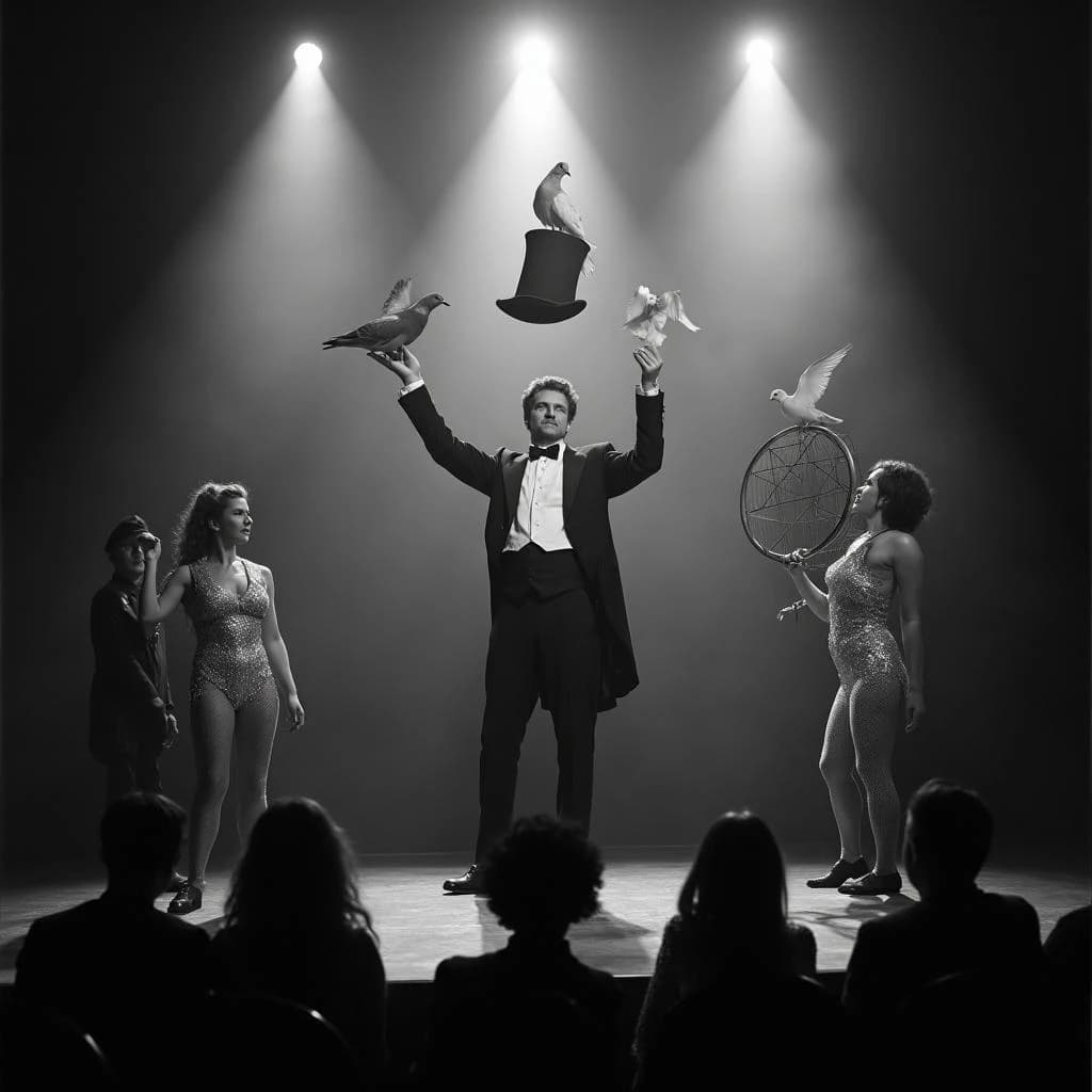 Black and white theatre still, harsh footlights raking up from below. A magician in tails stands centre stage releasing two doves from an upturned top hat, a third dove already perched on his left shoulder and a fourth settling on the wire cage at stage right. To his right an assistant in a sequined leotard holds a swaying hoop; to his left a boy in a bellhop uniform kneels holding the hat's velvet cover. In the front row, five silhouetted heads, only the second from the left leaning forward. Deep contrast, heavy silver grain, smoke drifting through the beams.
