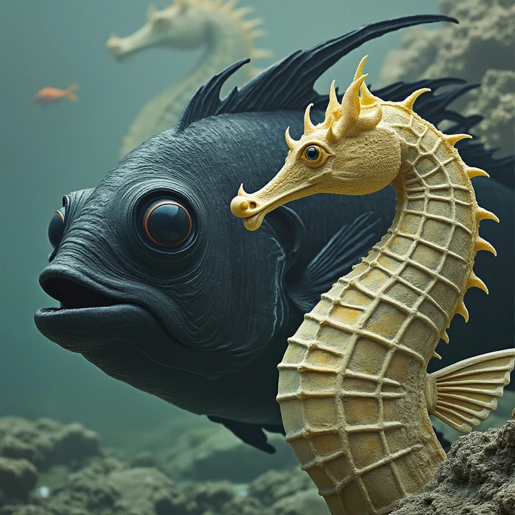 Blackfish and Sea Horse in Sanaa, Yemen in the style of neoclassical