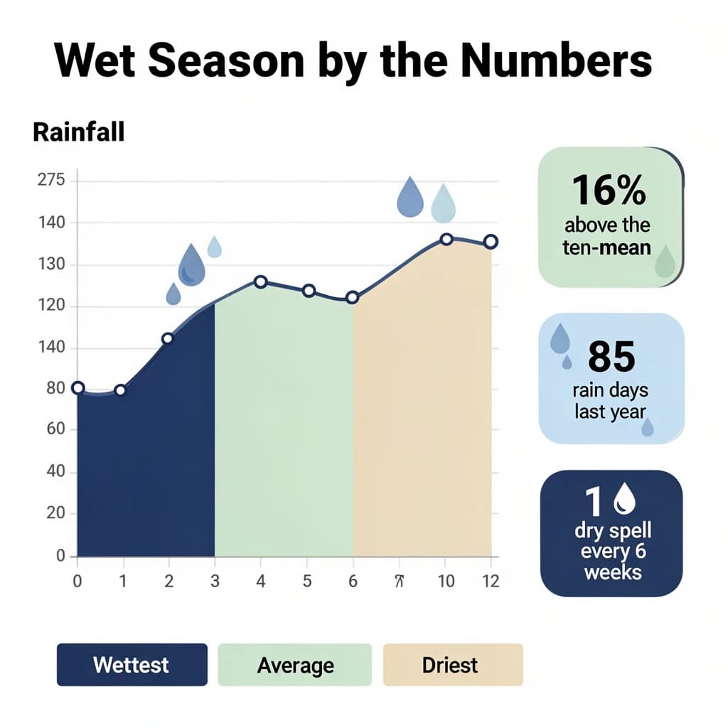 Flat vector illustration titled "Wet Season by the Numbers". A twelve-month rainfall timeline sits at the center, carrying three keyed regions, "Wettest" shaded dark blue, "Average" shaded pale green and "Driest" shaded sand. Three stat chips run down a right column, reading "16% above the ten-year mean", "85 rain days last year" and "1 dry spell every 6 weeks". Each key color matches the shading of the region it names.
