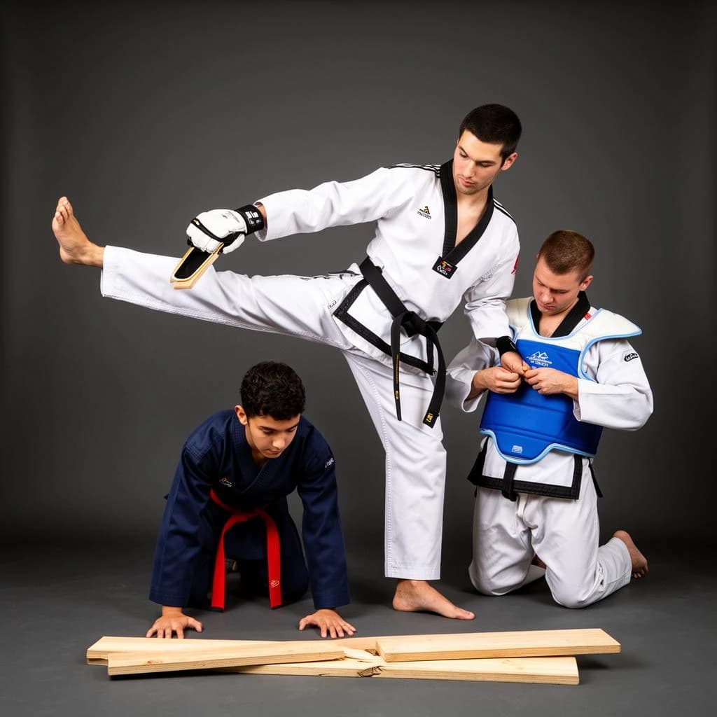 Studio photography, stunt and costume reference on a seamless charcoal backdrop, one hard key from camera left. Three taekwondo athletes in a tight diagonal: the tallest, in a white uniform with a black belt, holds a side kick frozen at chest height; the shortest, in navy with a red belt, ducks under it with both palms flat on the floor; the third kneels behind them fastening a blue chest guard onto a folded uniform. Two snapped pine boards lie at the front edge of the frame, a third board still whole in a holder's gloved hands.