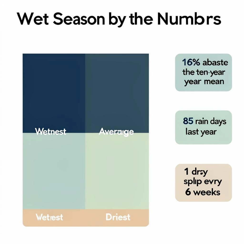 Flat vector illustration titled "Wet Season by the Numbers". A twelve-month rainfall timeline sits at the center, carrying three keyed regions, "Wettest" shaded dark blue, "Average" shaded pale green and "Driest" shaded sand. Three stat chips run down a right column, reading "16% above the ten-year mean", "85 rain days last year" and "1 dry spell every 6 weeks". Each key color matches the shading of the region it names.