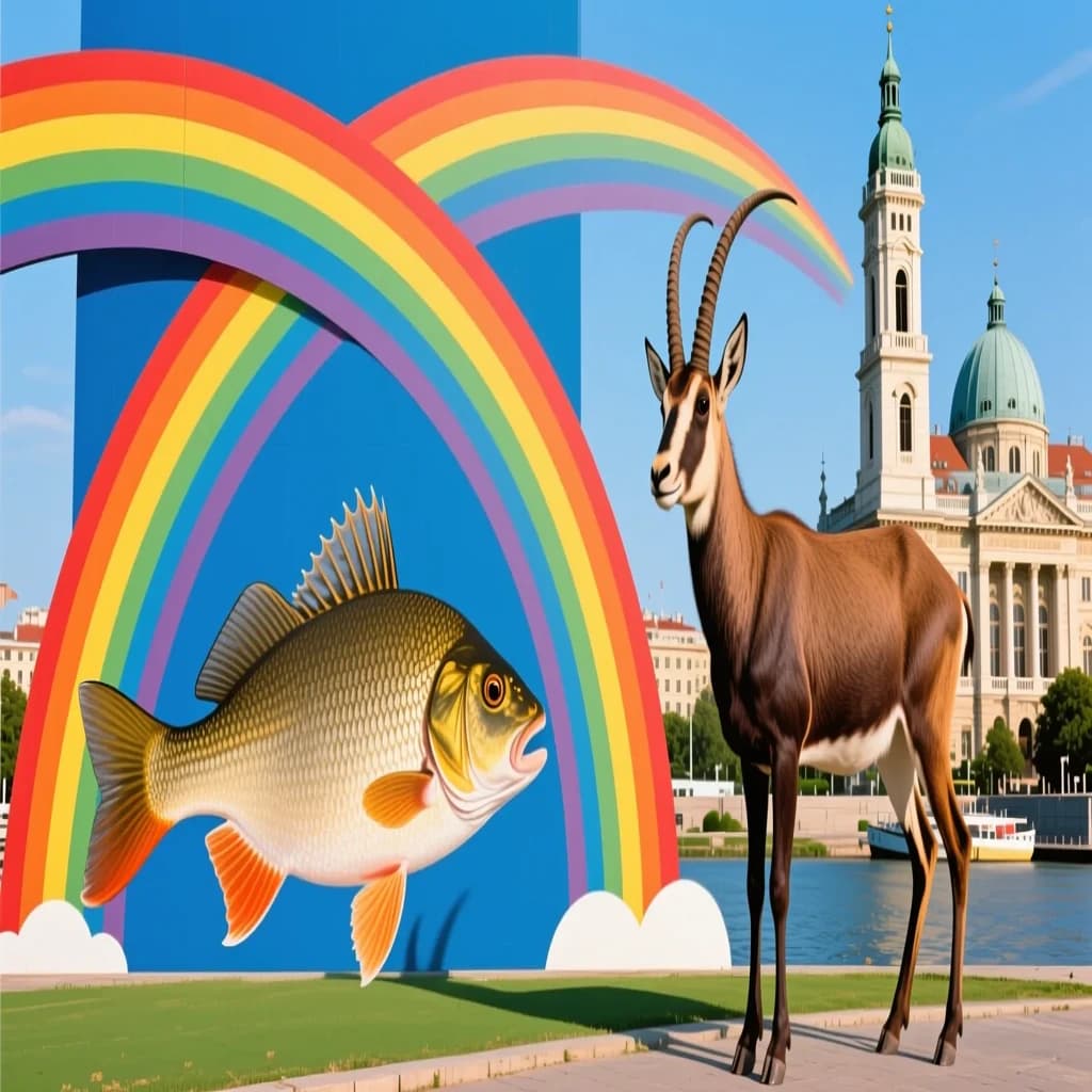 Rainbow Perch and Chamois in Bucharest, Romania in the style of modernist