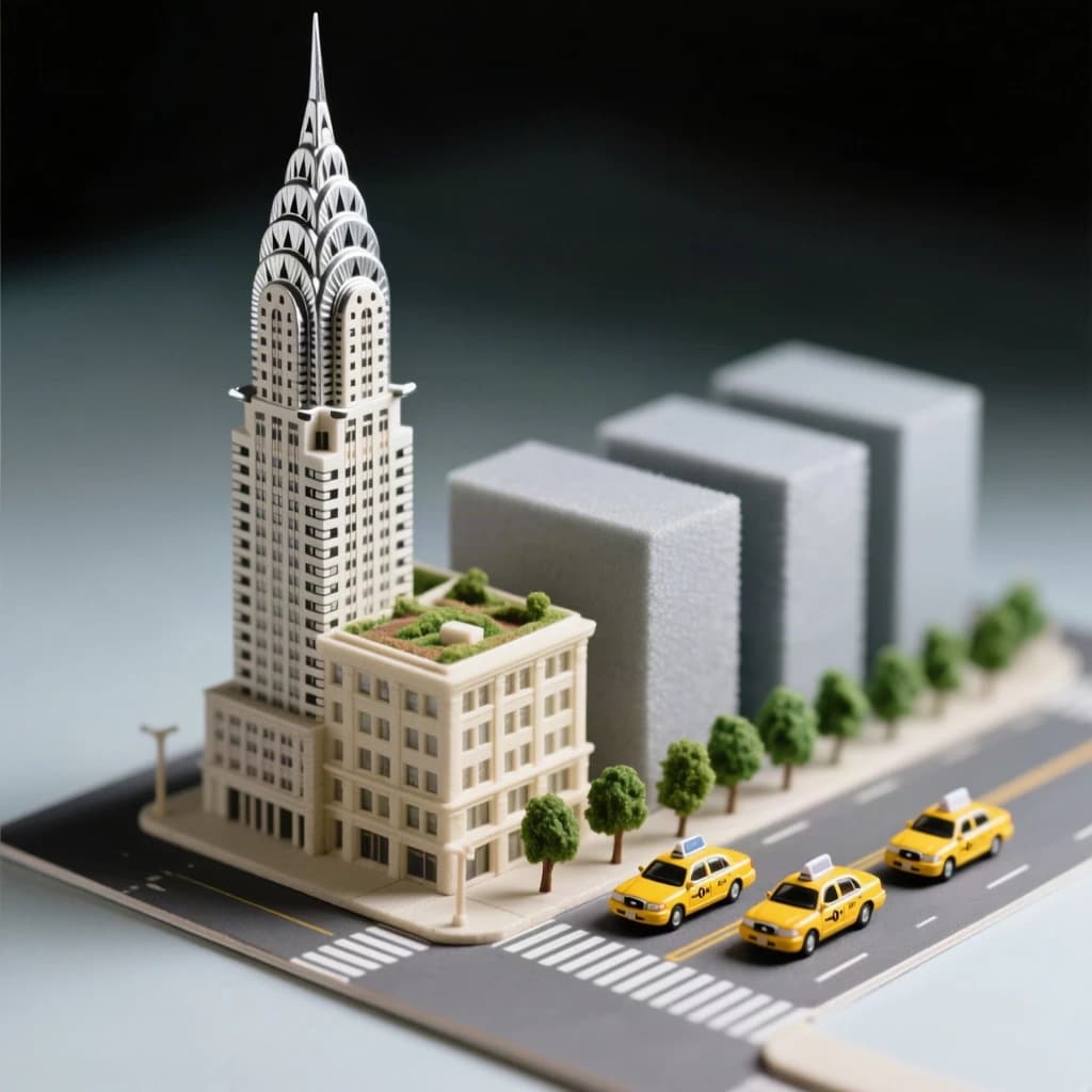 Tilt shift photograph of a hand built architectural scale model of a Midtown Manhattan block, studio lit from the upper left.
The Chrysler Building stands on the corner in polished silver card with its stepped crown and triangular windows. Directly across the street sits a proposed cream limestone tower, two floors shorter, topped by a stepped roof garden. Between them four smaller grey massing blocks in plain foam. Six tiny yellow cabs on the avenue, three stopped at the crossing and three queued behind, with a line of green model trees down the median.