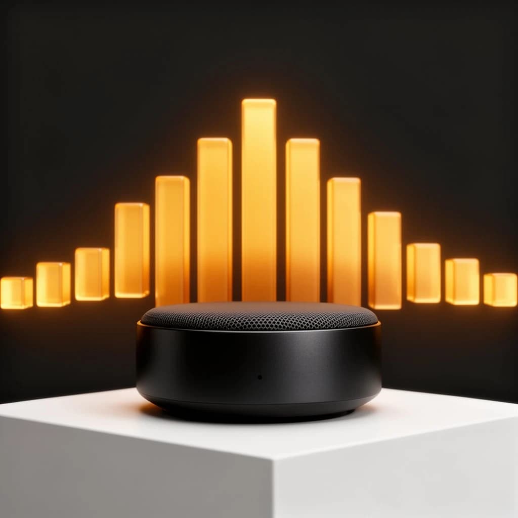 Cinematic 3D render of a matte black speaker puck on a white plinth, with a sound waveform behind it built from fourteen glowing amber bars in a gentle curve, the three tallest centred directly behind the puck and the bars shortening evenly toward both ends.