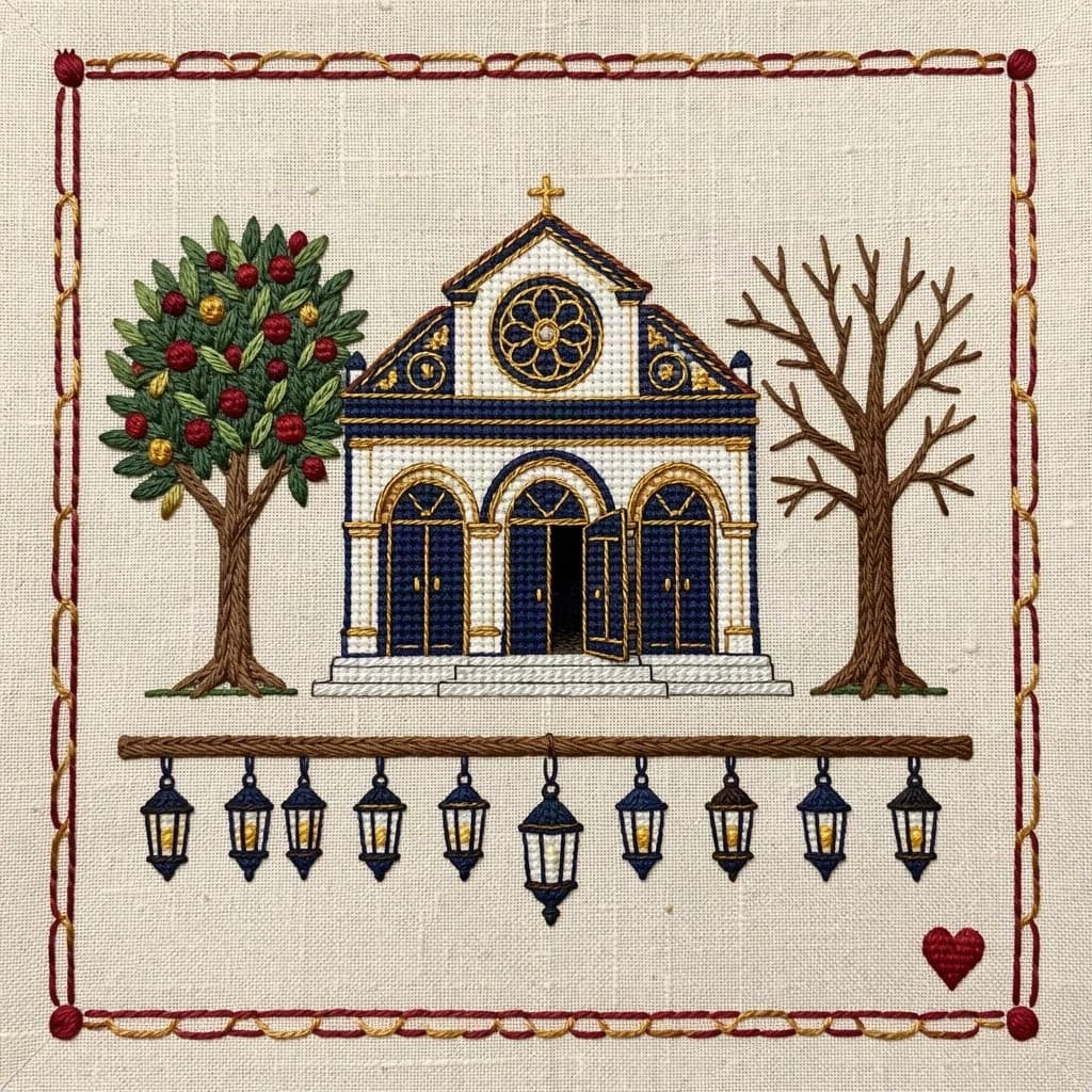 Pin stitched as a cross stitch sampler on natural linen, chunky visible stitches. Center: a synagogue front elevation in deep blue and gold thread, a rose window above three arched doors, the middle door taller and standing open while the two outer doors are closed. Two stitched olive trees flank the building, the left one heavy with fruit and the right one bare. Along the bottom, nine stitched lamps hang from a stitched beam with the middle lamp hanging lower than the rest. A narrow pomegranate border runs all the way around, with a small stitched heart in the bottom right corner.