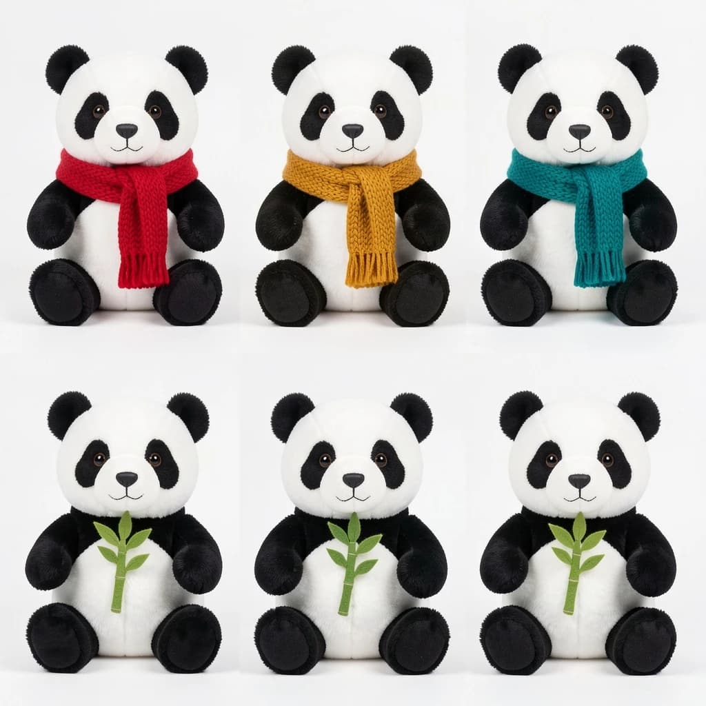 Studio product photography, plain white variant grid: six panda plushes in two rows of three, all seated facing camera. The top row wears knit scarves in red, mustard and teal. The bottom three wear no scarves, each holding a small felt bamboo shoot.
