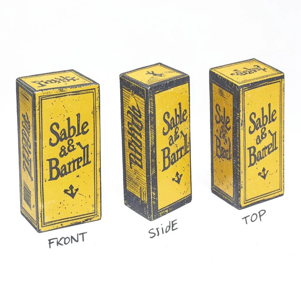 Linocut print: one board-game box in three views. The views are captioned "front", "side" and "top" in that order. The wordmark "Sable & Barrel" appears on every view with a small anchor mark beside it. The mustard-and-charcoal coloring is the same across every view, and only the angle changes.