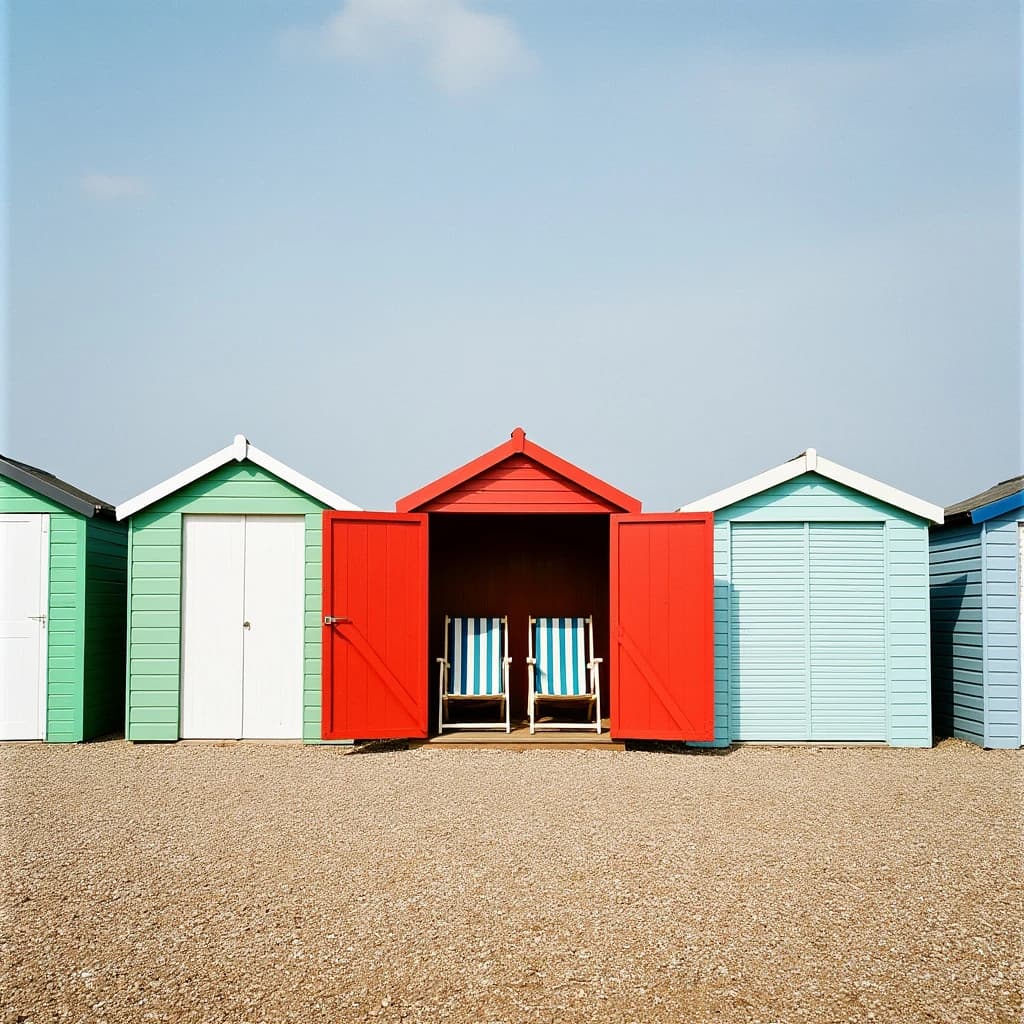 35mm film photo of seven beach huts in a row on a shingle bank. The three left huts are mint green with white doors, the middle one is red with its doors open showing two deckchairs inside, the three right huts are pale blue and shuttered.