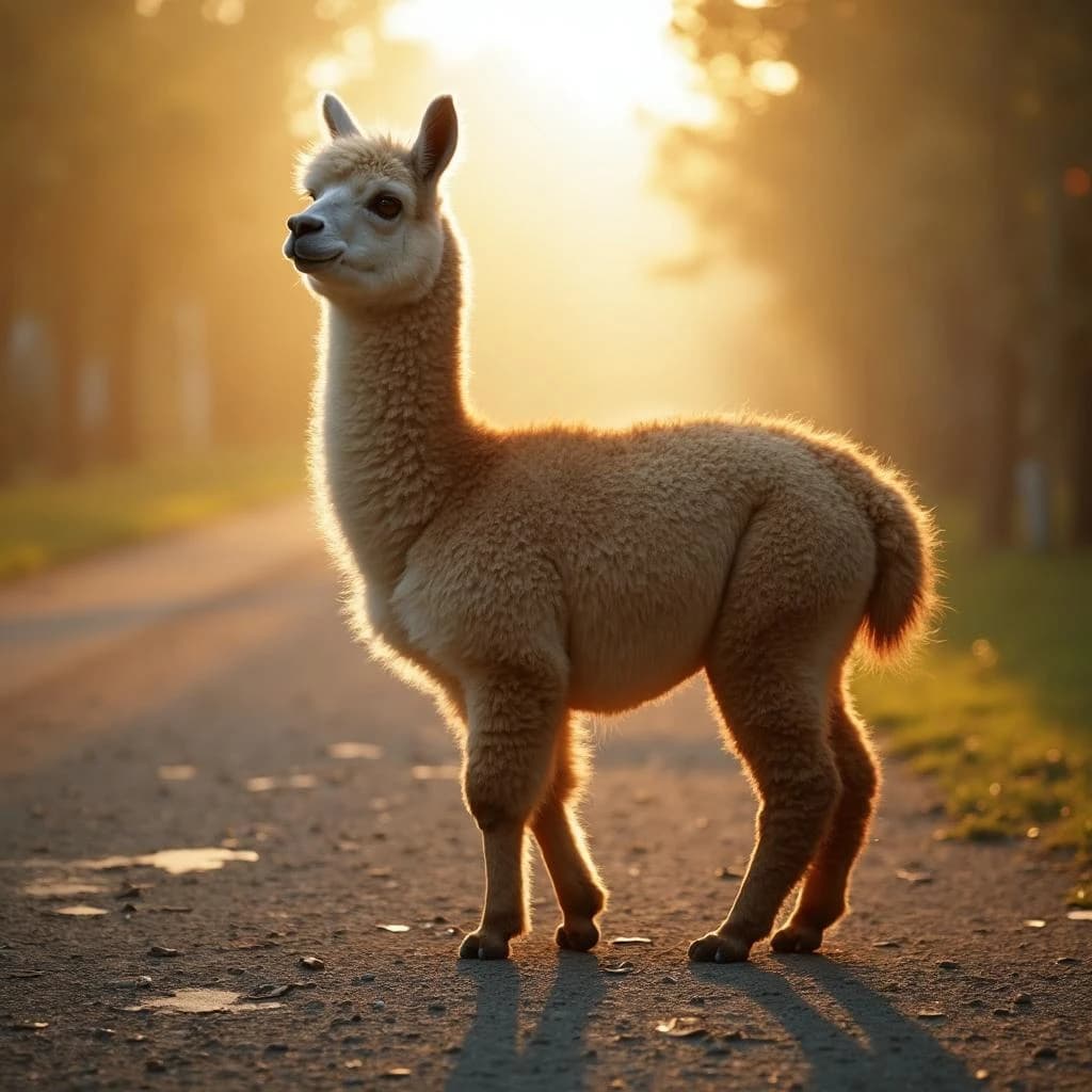 quiet alpaca on cracked earth, backlit