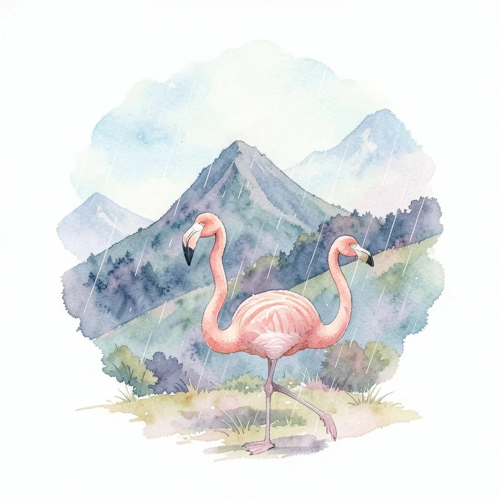 flamingo, mountain ridge, light rain, off-center framing with negative space, watercolor, soft edges