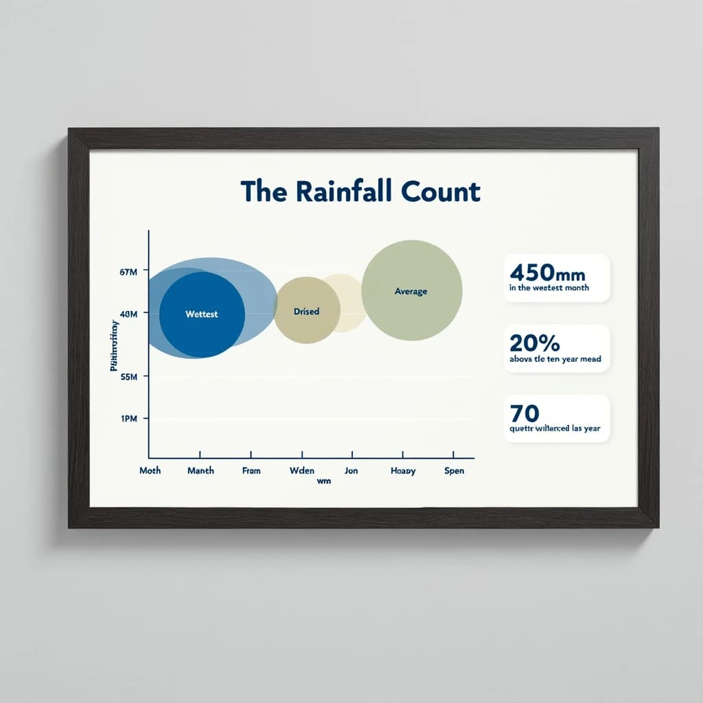 Printed poster titled "The Rainfall Count": at the center a twelve-month rainfall timeline, carrying three keyed regions, "Wettest" shaded dark blue, "Driest" shaded sand and "Average" shaded pale green, beside a right column of three stat chips reading "450mm in the wettest month", "20% above the ten-year mean" and "70 rain days last year".
