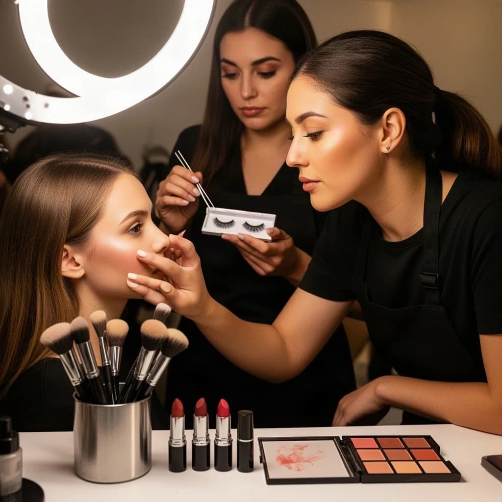 Fashion photograph at a backstage vanity lit by a ring light. A makeup artist in a black apron leans in from the right and blends cream blush into a seated model's cheekbone with her fingers, while a second artist standing behind them holds a lash tray in one hand and tweezers in the other, mid pick. On the counter between them: six brushes standing bristle up in a metal cup, three lipstick bullets lying in a row with their caps off beside them, and one open palette showing two used shades and four untouched. Warm skin tones, glossy highlights, shallow depth of field.